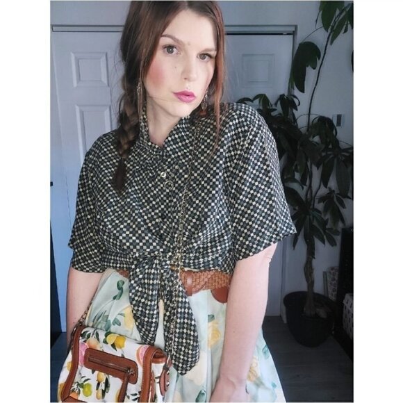 𝅺3x Green Checkered Vintage Blouse - Picture 2 of 6